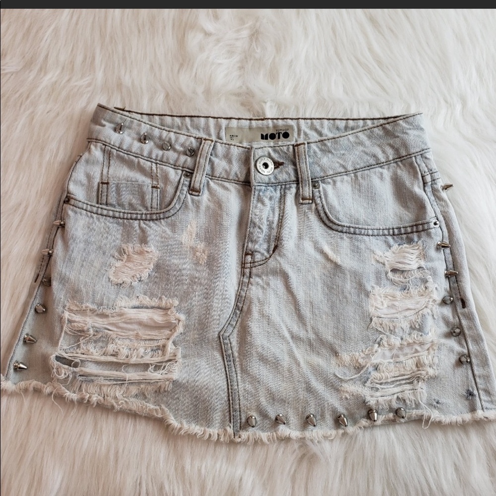 TOPSHOP MOTO Studded Distressed Denim Mini Skirt 2